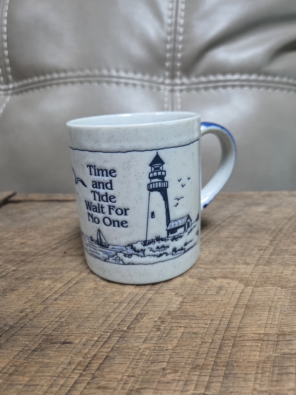 Vintage Nautical Coffee Mug Time And Tide Wait For No One Blue Speckled ~ Bin TT